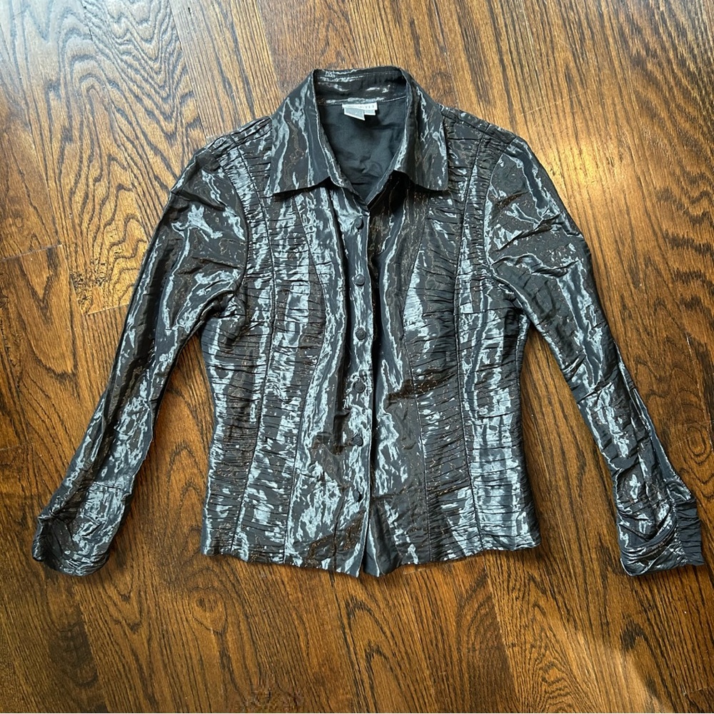 WORTH Metallic Black Ruched Button-Up Blouse | Size 4